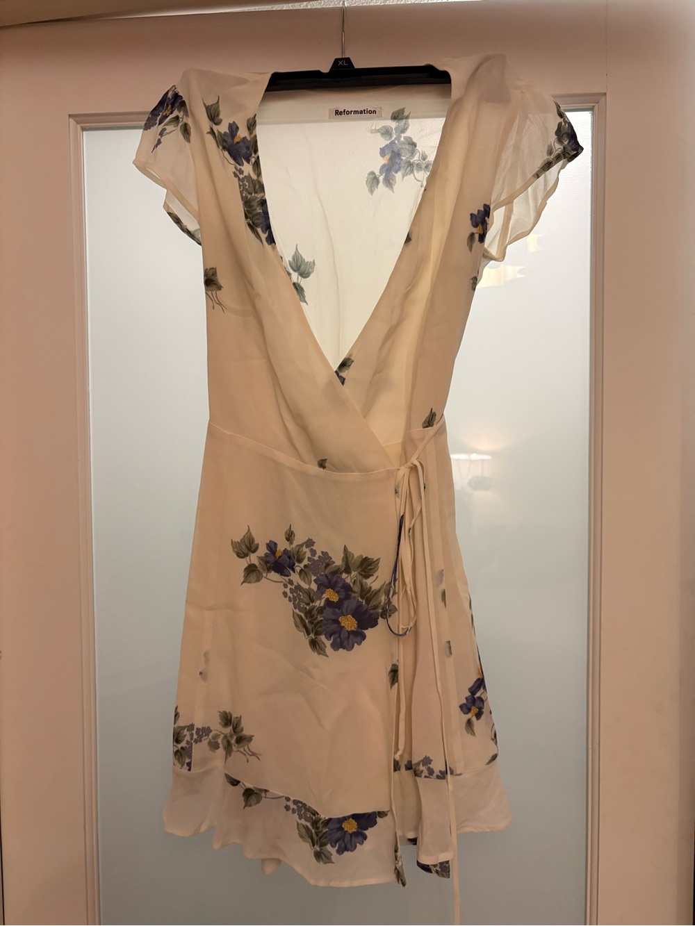 Reformation Cream Wrap Dress with Purple Floral Print